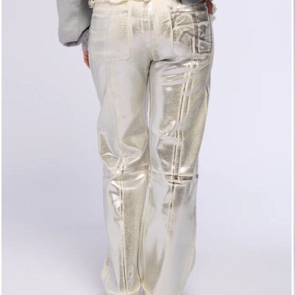 CALLIE LIVES MIZ METALLIC CREAM AKIRA Silver Coated Wide Leg Stretch Jeans M - Picture 6 of 6